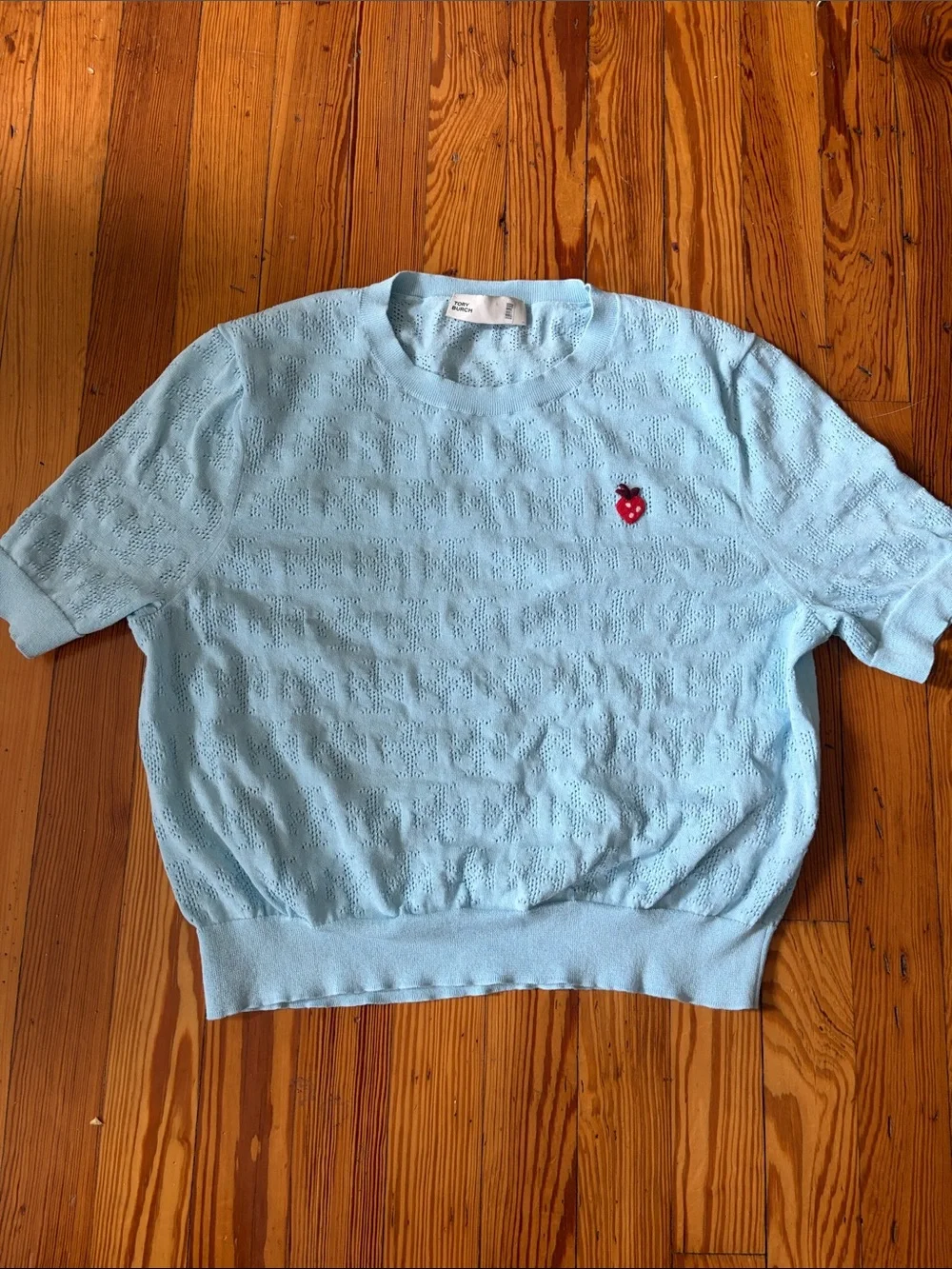 Tory Burch Light Blue Crewneck Sweater with Red Strawberry Patch